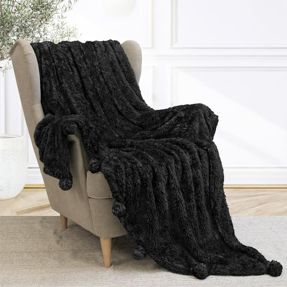 PAVILIA Black Sherpa Throw Blanket with Soft Pom Pom Fringe, Plush Cozy Warm Blankets for Couch Bed Sofa, Fuzzy Fleece Throw with Pompom, Lightweight Fluffy, Black 50x60 in