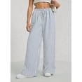 thumbnail image 4 of Women Drawstring Striped Pants Loose Wide Leg Trousers Comfy Lounge Pants with Pockets Light Blue M, 4 of 9