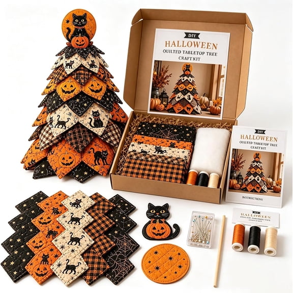 DIY Halloween Quilted Fabric Tree Kit, 3D Padded Sewing Craft Kit, Handmade Halloween Tabletop Decor for Home Display, Crafter Gift