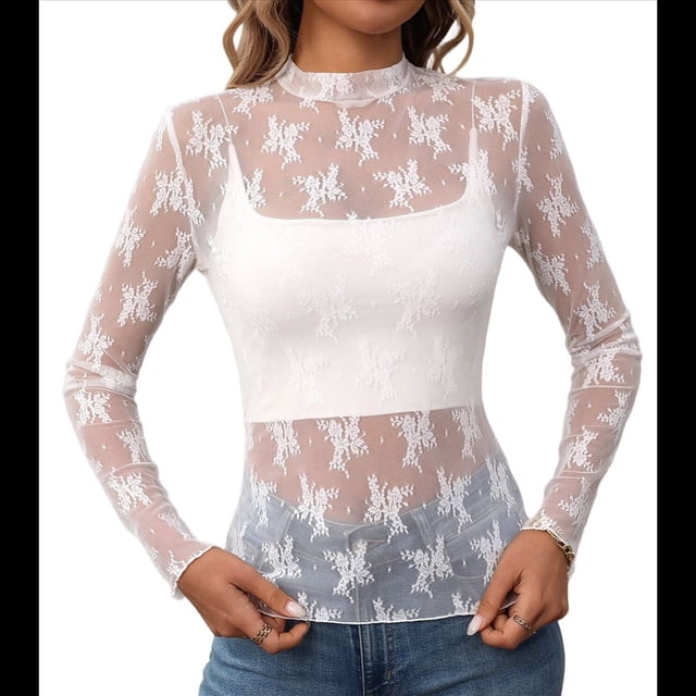 Blusa de de Larga para Mujer con Cuello Alto Transparente Hojas Blancas XL