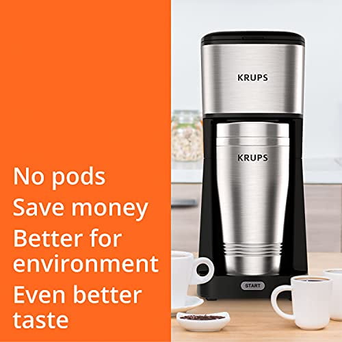 Krups 12oz Single Serve Coffee Maker with Travel Tumbler | Stainless Steel & Black, Size: 12 Fluid Ounces