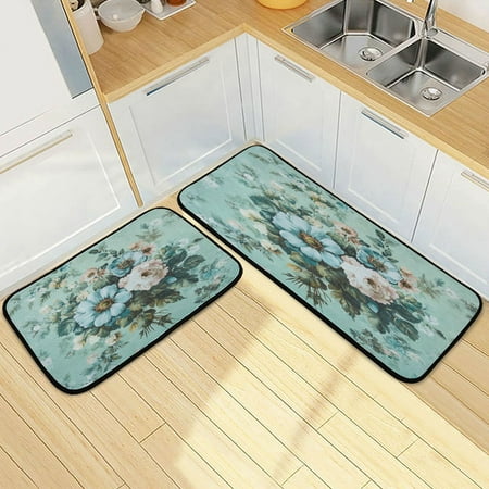 

Wobogo Shabby Chic Bouquet Kitchen Carpet Set of 2 Absorbent and Stain Resistant Non-slip Star Rubber Backing