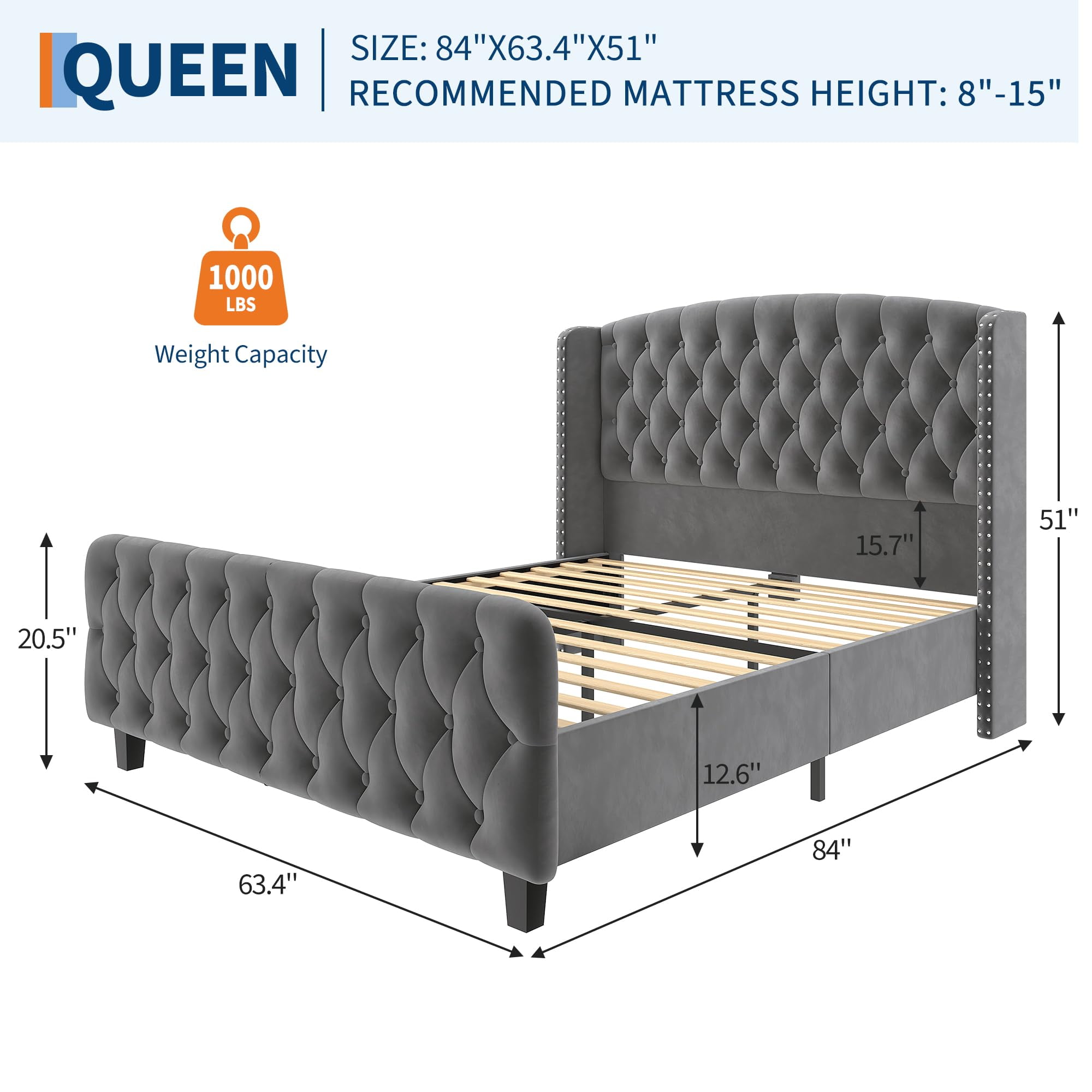 Huisuilinss Queen Bed Frame,King Size Bed Frame,Velvet Upholstered Platform Bed Frame With Deep Button Tufted Wingback Headboard And Footboard,No Box Spring Needed,Easy Assemble