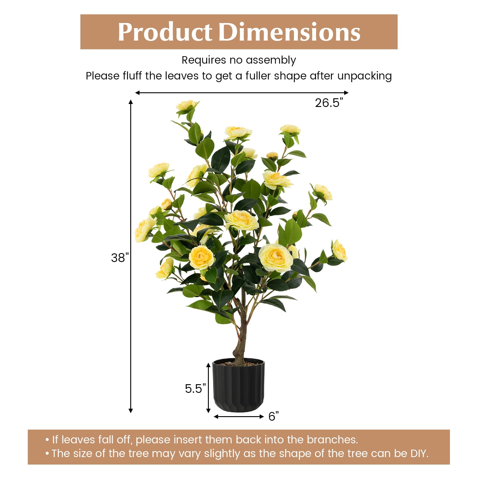 Costway 1 PCS 38" Artificial Camellia Tree Faux Floral Plant Fake Tree for Decoration Yellow