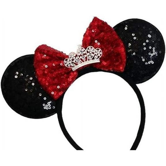 Mouse Ears Red Tiara Flower Headband, Sequin Bows Flower Headwear Hair Accessories for Women Girls Princess Party