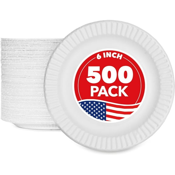 6-Inch Paper Plates Uncoated Everyday Disposable Dessert Plates 6" Paper Plate Bulk White 500 Count