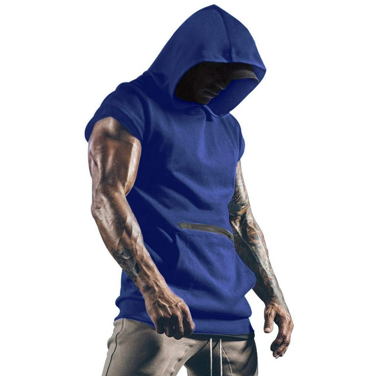 Wofedyo Hoodies for Men Sweatshirts for Men Men Spring Slim Sleeveless Hooded Beach Shirts Top Blouse Tank Tops with Pockets Sleeveless Shirts for Men