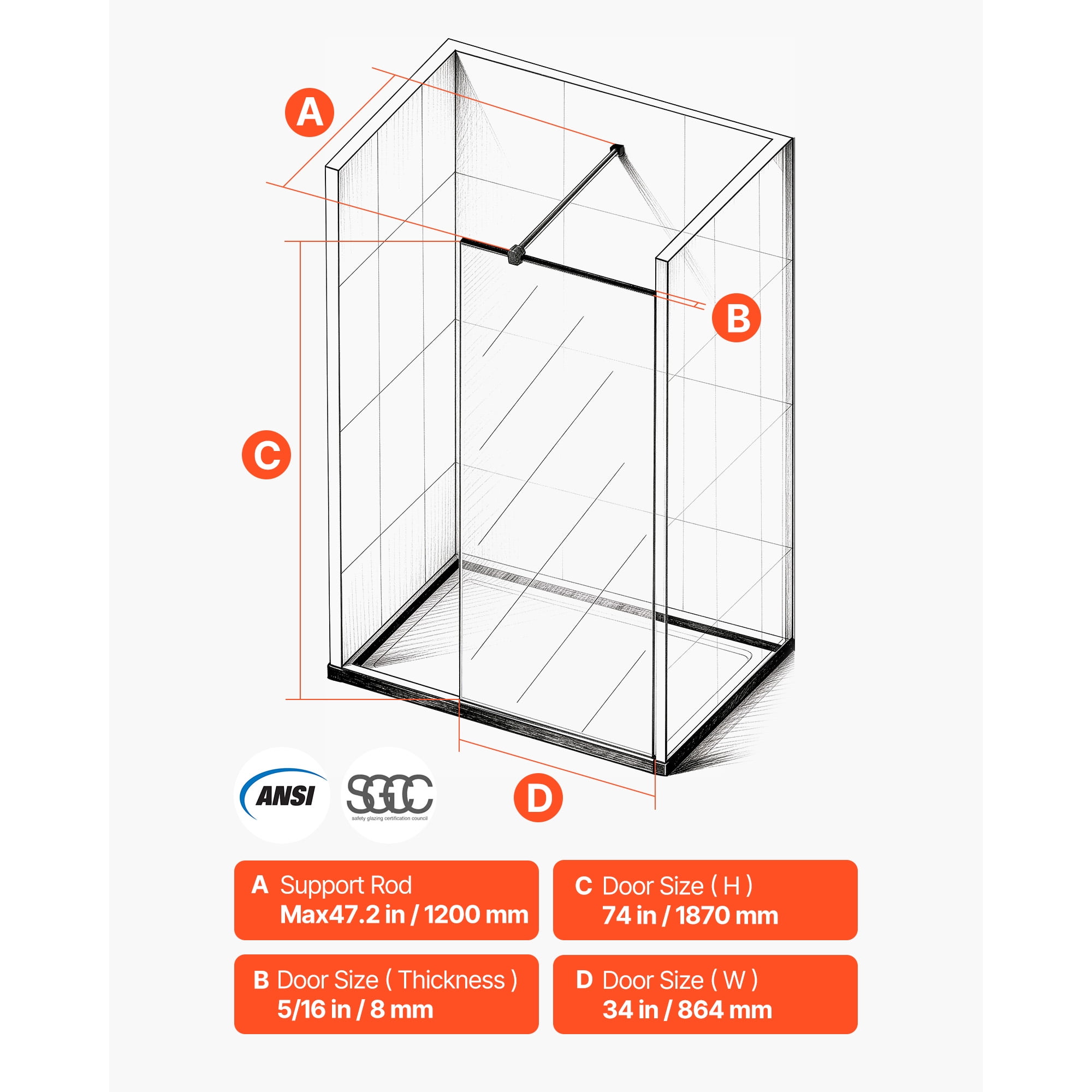 KFFKFF Fixed Glass Shower Panel, 34 x 73.6 in Full-Framed Shower Screen, 5/16 in Thick Clear Tempered Glass with Bottom Seal Strip and Hardware, Easy to Maintain, for Bathroom, Matte Black