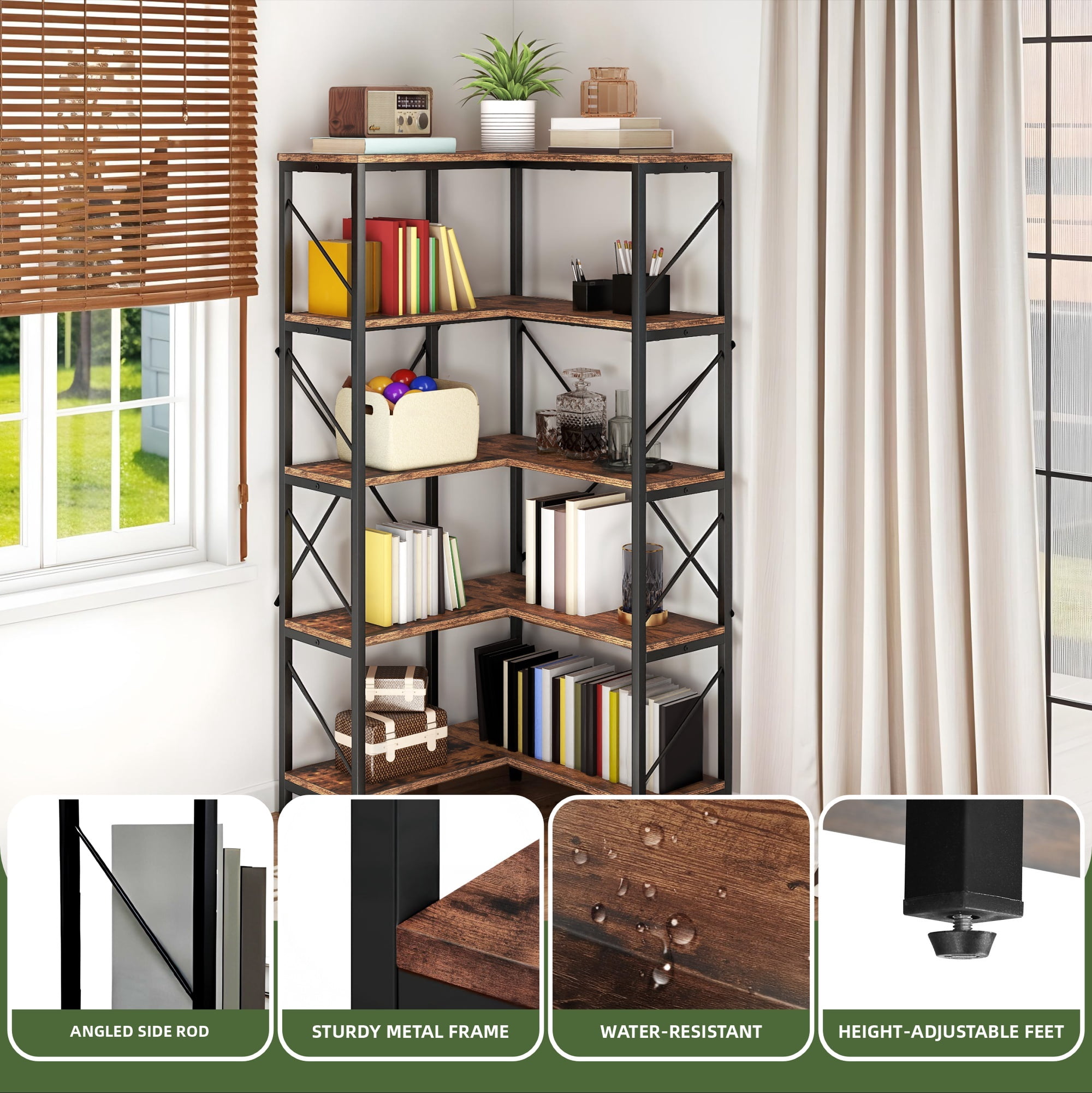 Uforic 5-Tier Corner Bookshelf, Corner Shelf Display Bookcase with Metal Frame for Home Office, Brown