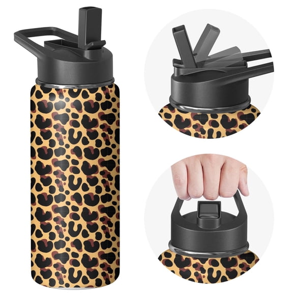 Leopard Print Insulated Stainless Steel Water Bottle with Straw & Cleaning Brush – 18 Oz | Leakproof, BPA-Free, 304 Stainless Steel, Wide Mouth, Travel Mug for Car, Gym, Office