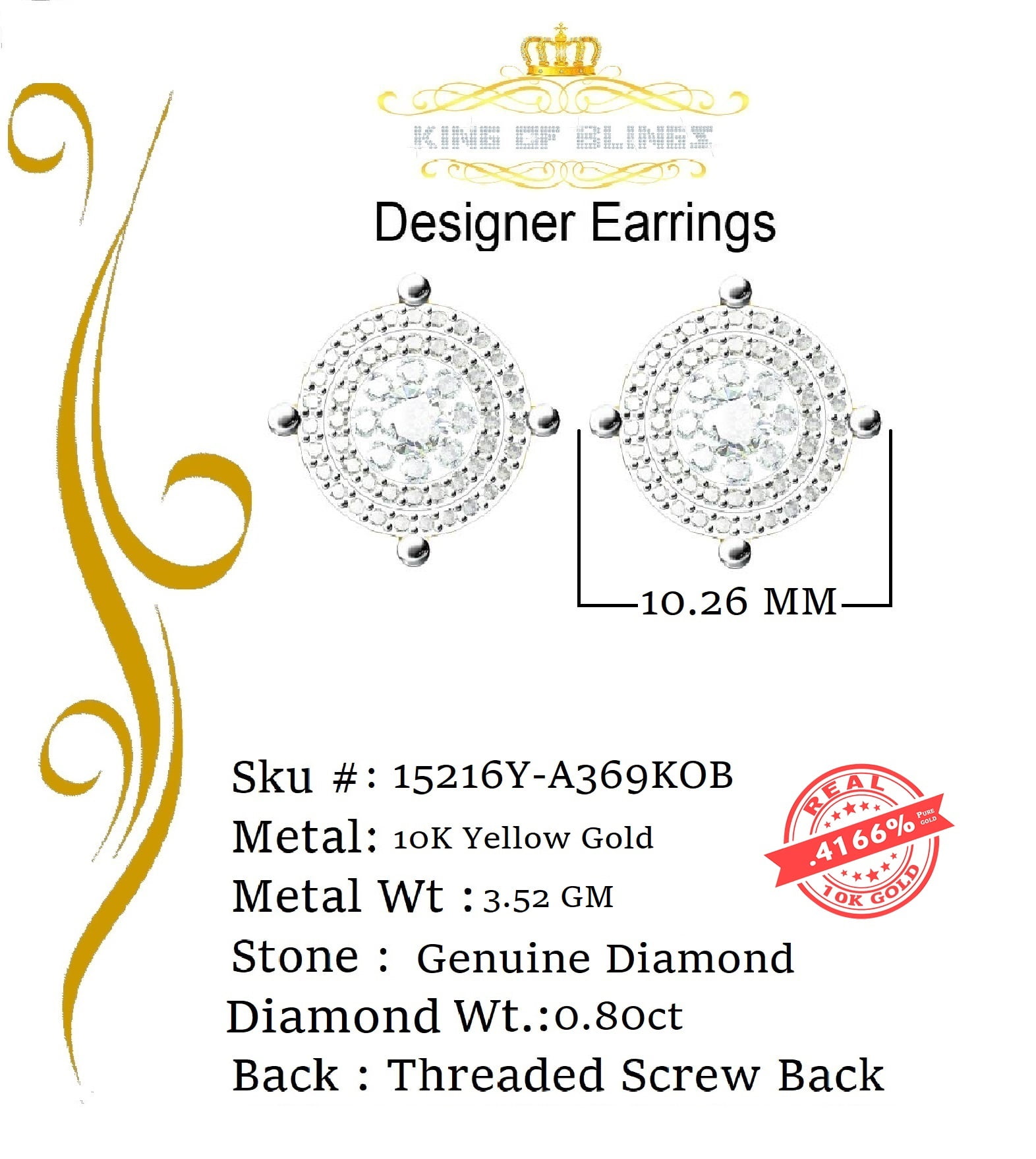 King of Bling's 10K Real Yellow Gold with 0.80CT Real Diamond Men's/Women's Stud Round Earrings