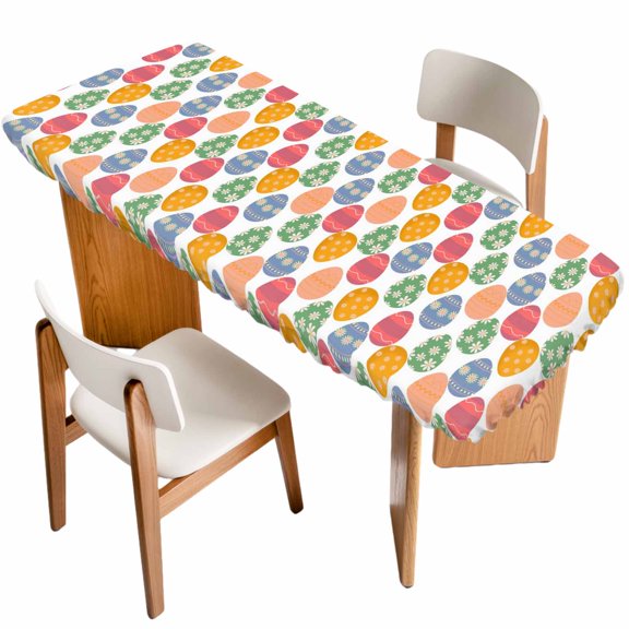 Easter Eggs Table Cloths for 8 Foot Rectangle Tables, Colorful Egg Spring Daisy White Flowers Vintage Patio Waterproof Elastic Fitted Tablecloths, Washable Rectangular Table Cover for Camping