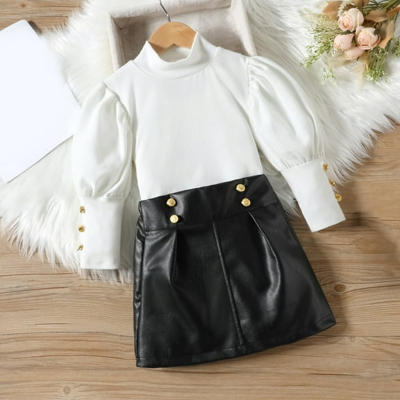 YWDJ New High-neck Bubble Long-sleeved Buttons Top And Leather Skirt Fashion Suit Two-piece Suitable For Age Group 1 ~ 6 Years Old Black 100CM