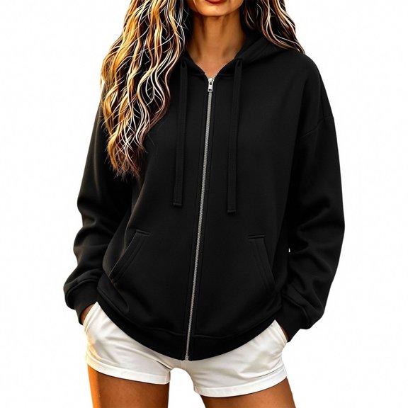 Iyufng Women's Full Zip Hoodie Jackets, Drawstring Long Sleeve Oversized Loose Hooded Sweatshirt Coat with Pockets for Fall Winter Casual Daily Outfits