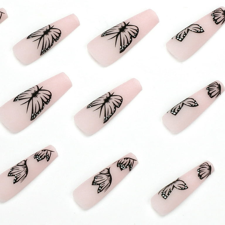 Pink Gradient Glitter Short Square Nails, Butterfly Rhinestone Nail Art,  Rainsin 24PCS Press on Fake Nails 