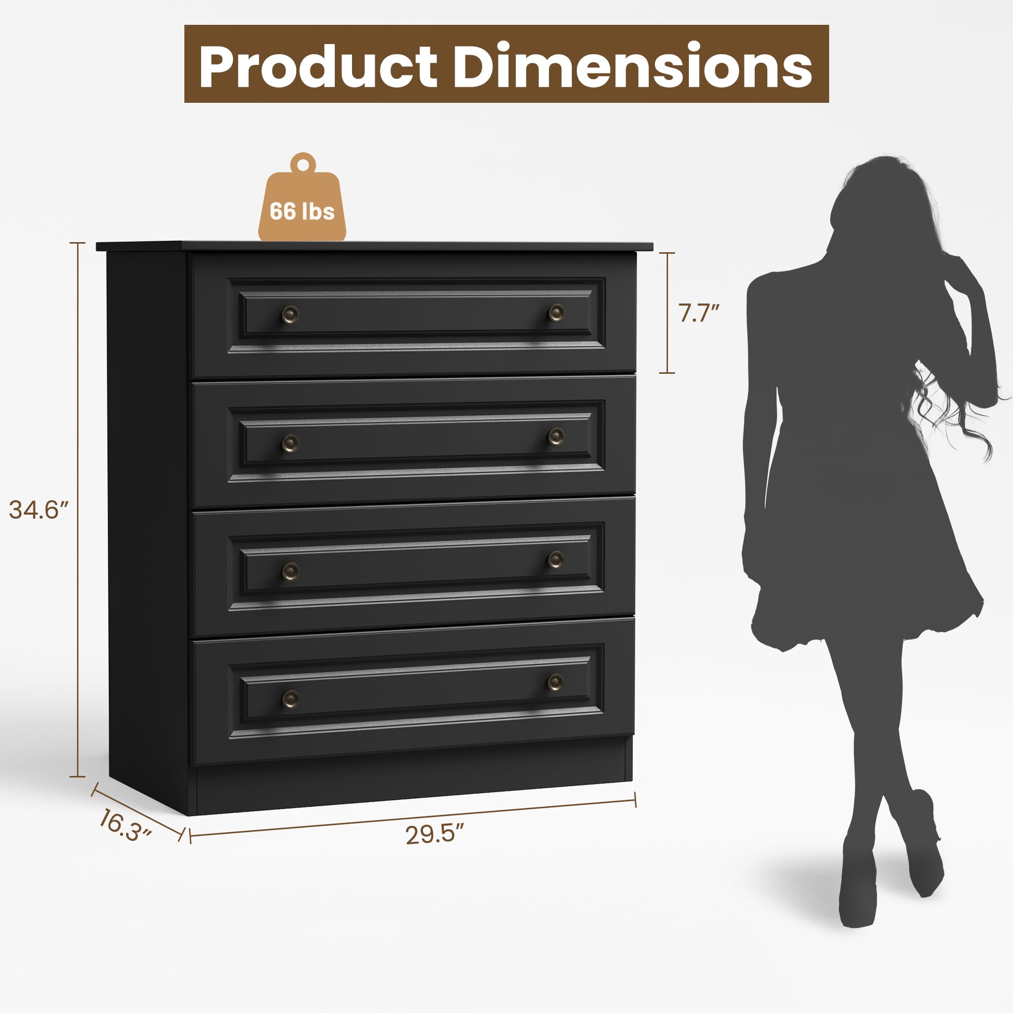 IDEALSOUL 4 Drawer Dresser, Retro Storage Cabinet with Large Space, Chest of Drawers for Bedroom, Hallway, Entryway, Black
