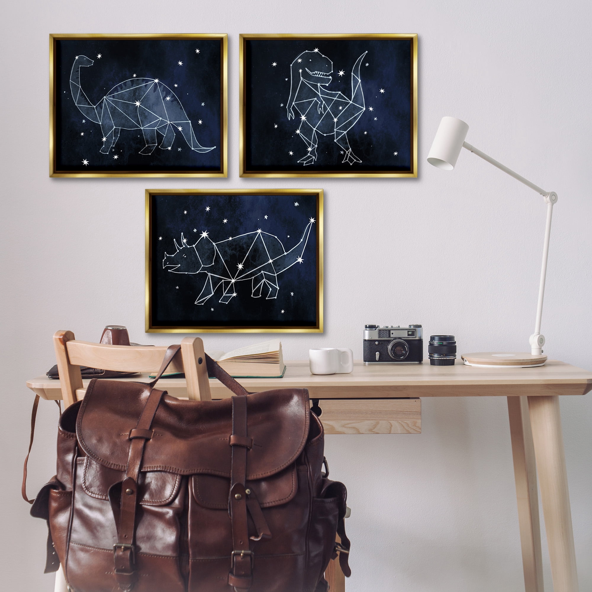 Stupell Industries Night Sky Dinosaur Constellations Animals & Insects Painting Gold Floater Framed Canvas Art Print Wall Art, 21 x 17, Set of 3