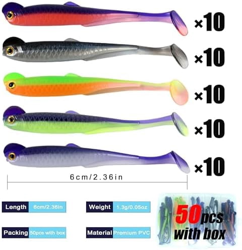 Fishing Soft Plastic Lures, Paddle Tail Swim Baits for Bass Fishing,Paddle Tail Swimbaits for for Bass Trout Walleye Lures, 30/50pcs Soft Plastic Baits with Box