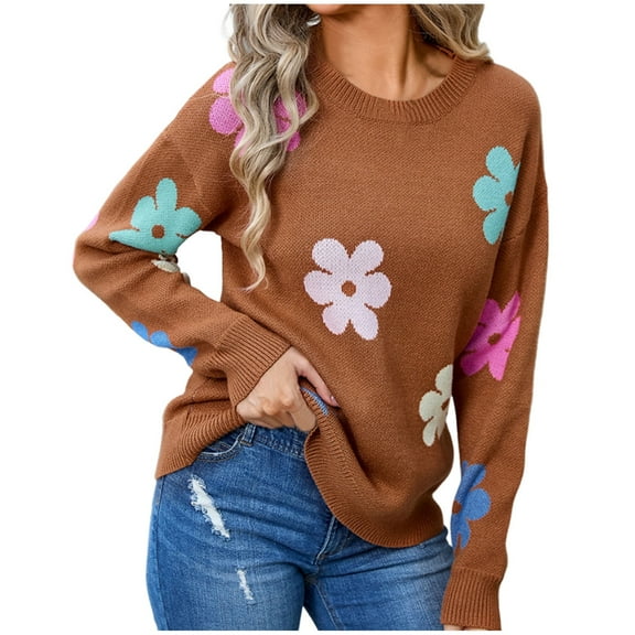 Rohuuque Fall Trendy Swearter for Women Casual Crew Neck Loose Flower Printed Long Sleeved Pullover Sweater Tops Brown