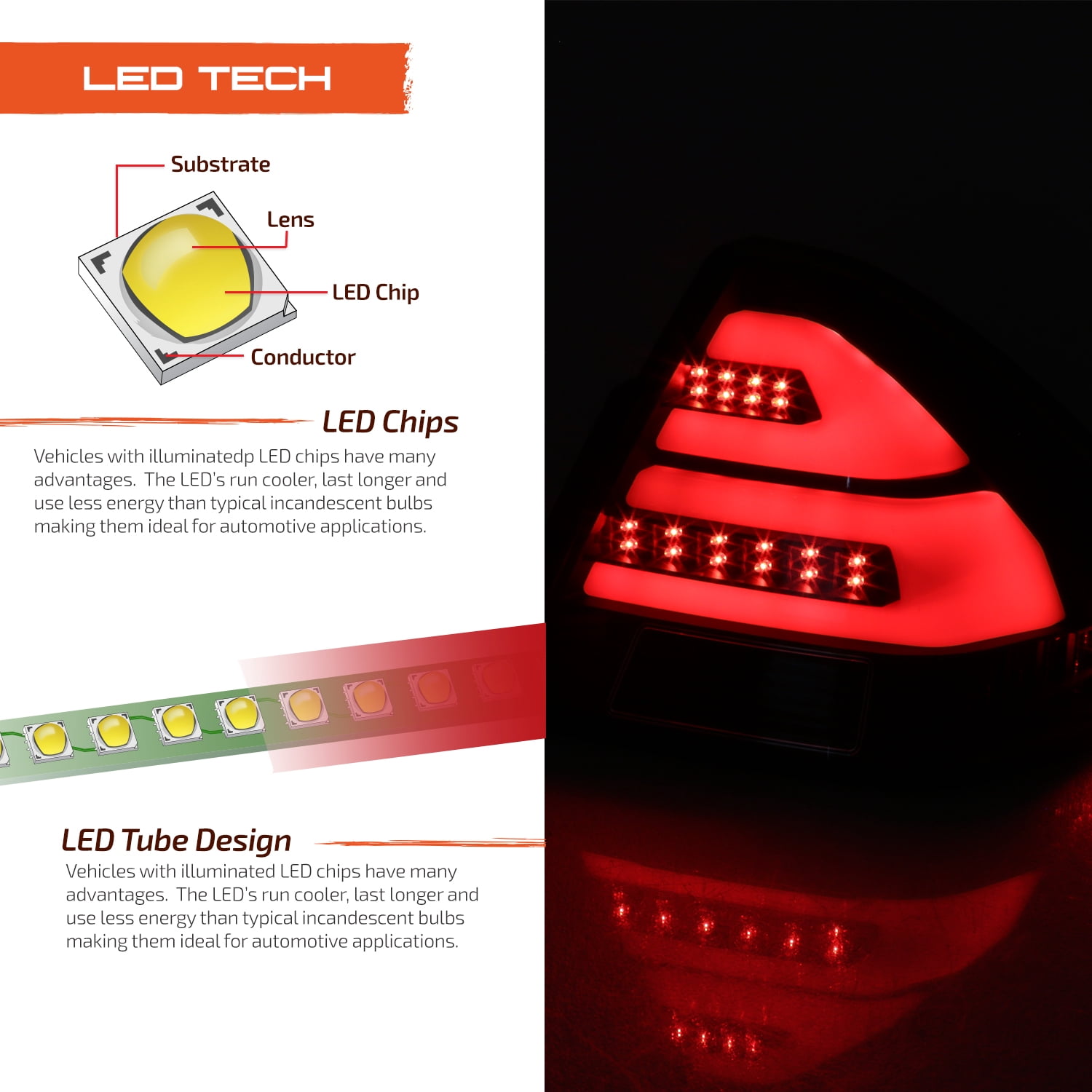 AKKON - Fits 2006-2013 Chevy Impala 2014-2016 Impala Limited LED [Tube Bar] Black Tail Light Brake Lamp Left+Right Pair