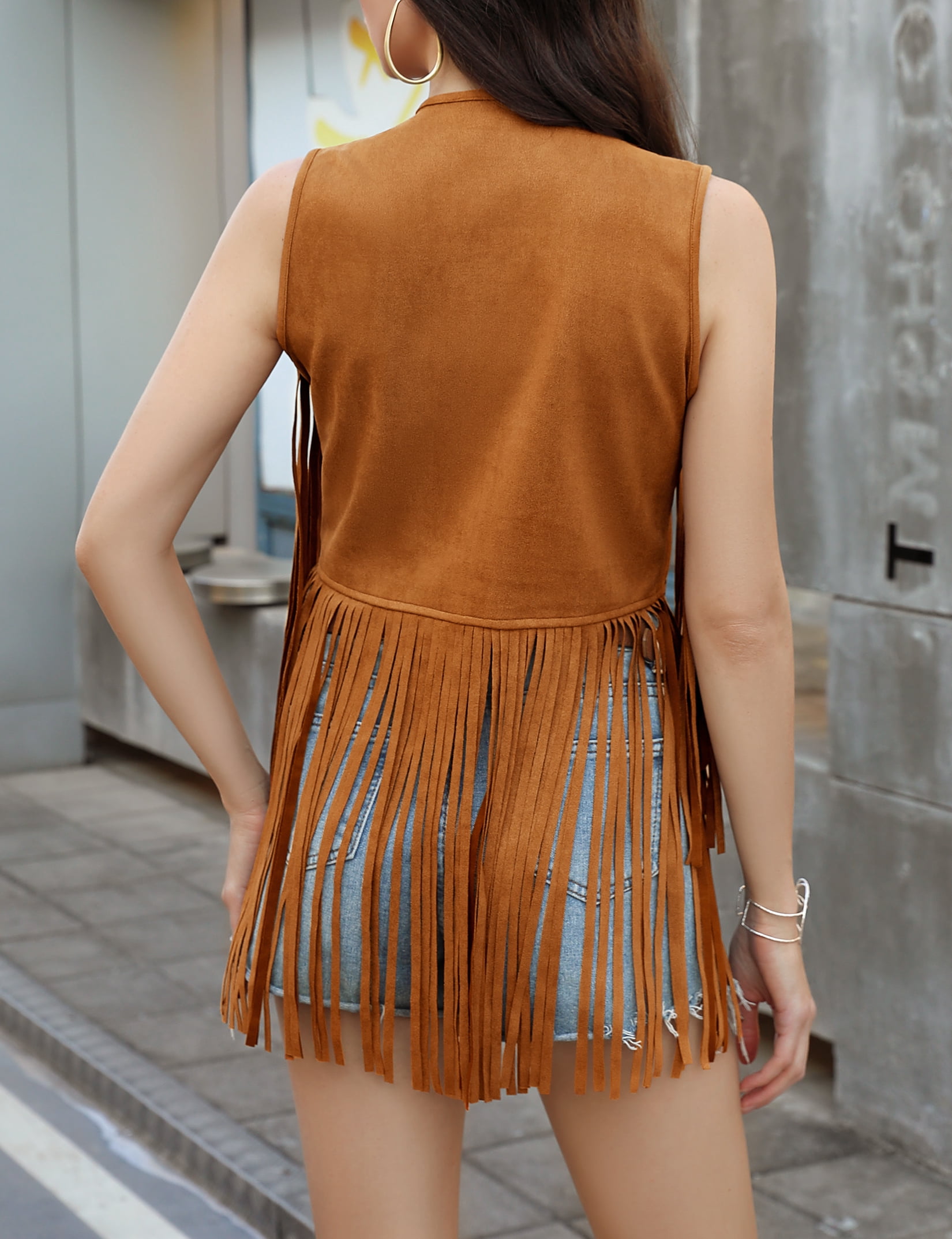 Yesfashion Women's Fringe Vest 70s Hippie Sleeveless Tassel Long Cardigan Jacket Cowgirl Western Tops