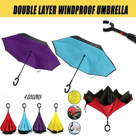 Folding C Handle Windproof Double Layer Umbrella Upside Down Inverted