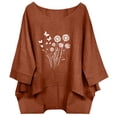 thumbnail image 3 of Fengqque Women Dandelion Print Top Boat Neck 3/4 Sleeve Oversized Loose Irregular High Low Hem Blouse Brown L, 3 of 6