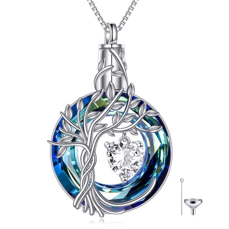 YAFEINI Tree of Life Urn Necklaces for Ashes CZ April Birthstone Cremation Jewelry 925 Sterling Silver Crystal Memorial Keepsake Funeral Jewelry for Women (with Funnel Filler)