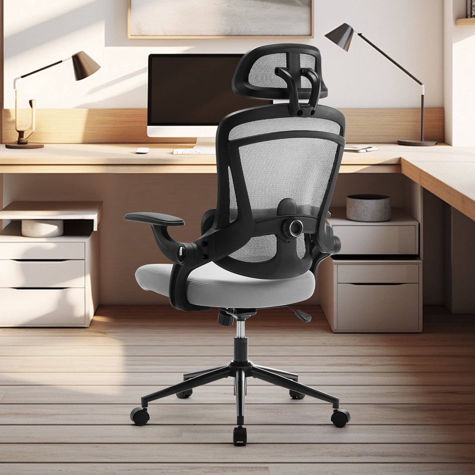 JIOABL Ergonomic High-Back Mesh Office Chair with Lumbar Support, Adjustable Armrests, and Breathable Design for Comfortable Long-Hour Work, Grey