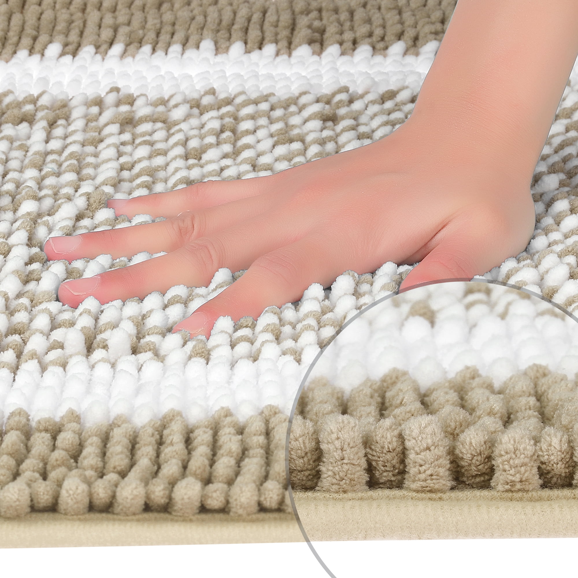 Unique Bargains Chenille Striped Bathroom Rug Mat Non-Slip Soft Plush Shaggy Bath Carpet Khaki 16" x 24"