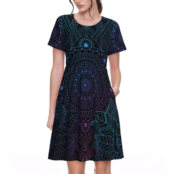 Kdxio Boho Print Women's Casual T Shirt Dress Summer Short Sleeve Swing Dresses with Pockets