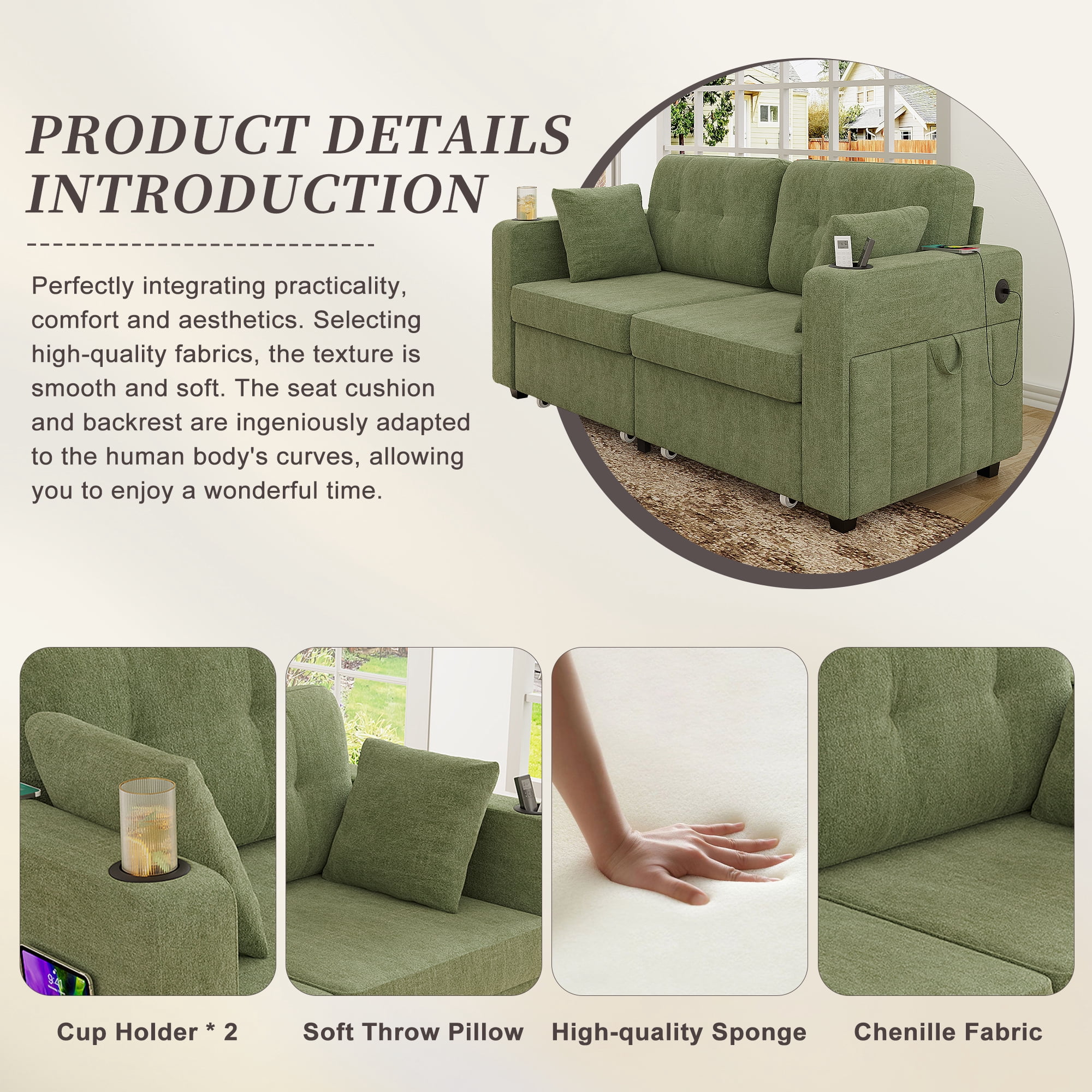 MOONMISS 68" Chenille 3 Seater Sofa Deep Seats,Wood Frame with Storage,USB Charging and Cup Holder,Olive