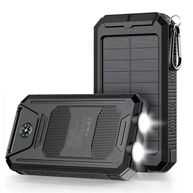 Cargador portátil con batería solar de 20000 mAh, resistente al agua, con panel solar, linternas LED y brújula para teléfonos móviles, tabletas y dispositivos electrónicos.