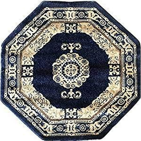 Traditional Octagon Persian Area Rug Navy Dark Blue Beige Ivory Carpet ...