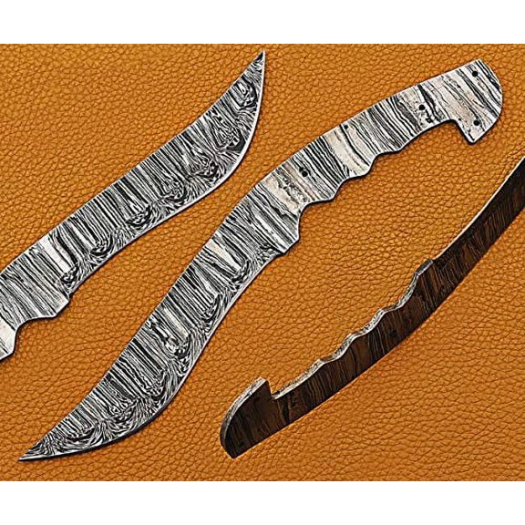 11 inches Long Dao Blade Hunting Knife, Hand Forged Ladder Pattern Damascus Steel Blade, 5" Finger Serration Scale Space with 4 Pin Hole, 6" Trailing Point Dao Blade with 5.5" Cutting Edge