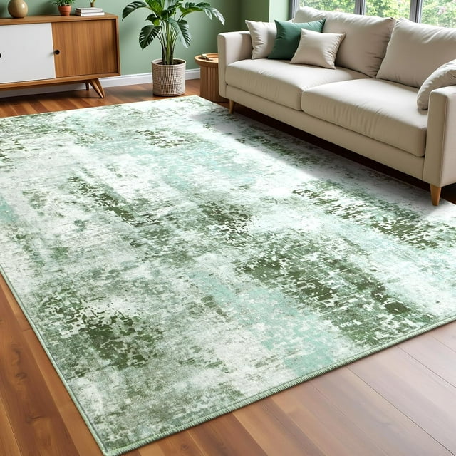 Macgace Modern Abstract Rugs for Living Room, 6'x9' Machine Washable Area Rug with Non Slip Backing for Bedroom, Soft Floor Covering Contemporary Carpet for Dining Room Home Office, Green