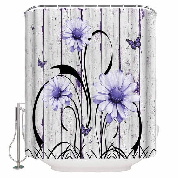 Purple Daisy Bathroom Shower Curtains with 12 Hooks Polyester Waterproof Shower Curtain for Stalls and Bathtubs Country Botanical Floral Butterfly Wooden Decorative Bathroom Curtain 72x72 Inches
