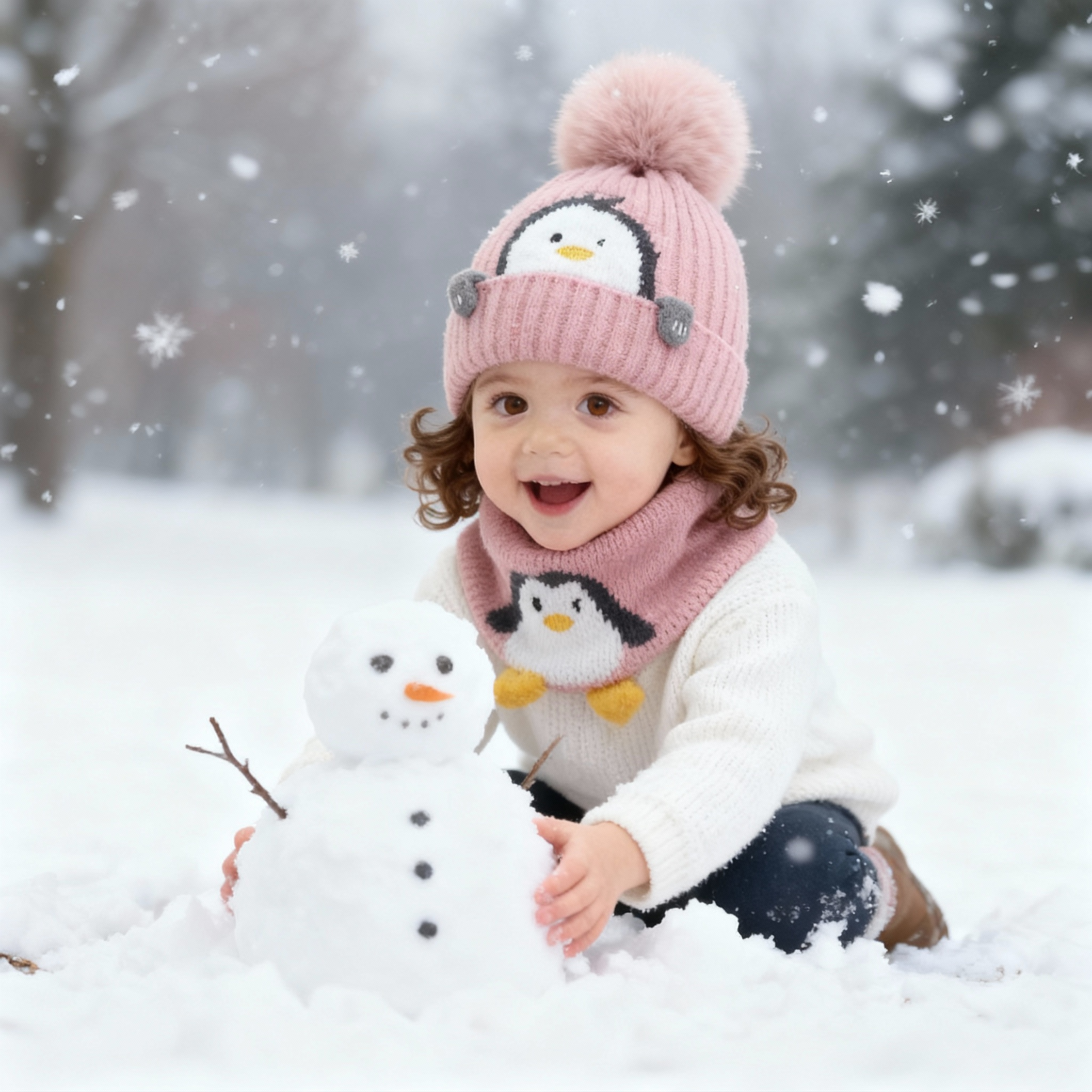 Baby Kids Winter Warm Hats, Infant Toddler Children Pom Pom Beanie Knit Cap Girls Boys-2 piece