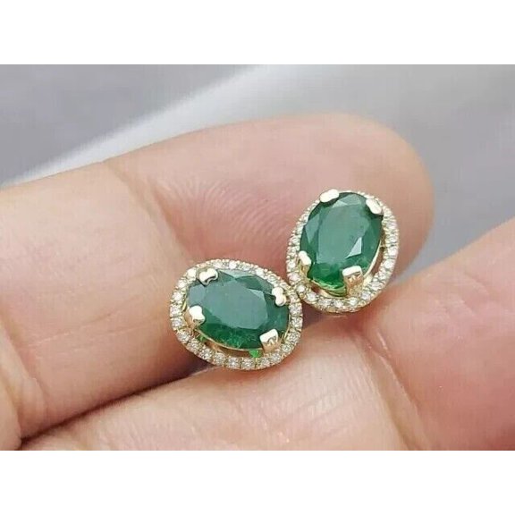 Women's 2.00Ct Oval Cut Lab Created Green Emerald Stud Earrings 14K Yellow Gold Plated Silver