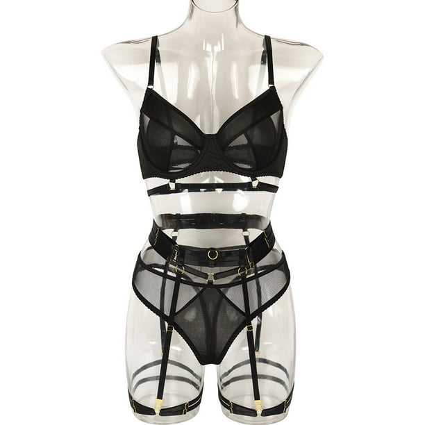 Ropa interior de varias piezas sexy europea y americana, de artesanía pesada, con costura de malla y anillo para las piernas