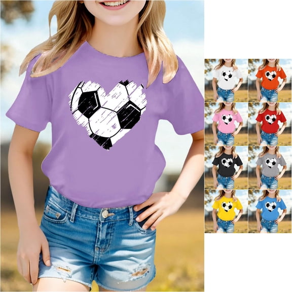 Trendfront Girls Sporty T-Shirt Soccer Football Heart Vintage Graphic Print Casual Crewneck Short Sleeve Tee Everyday Active Fitness Exercise Training Tops
