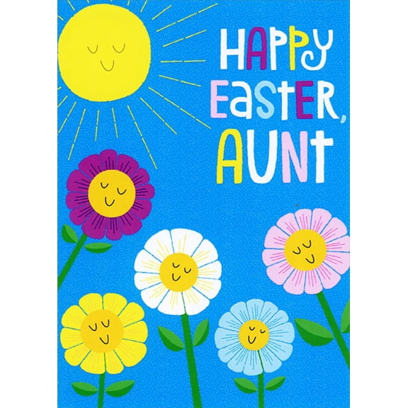 Designer Greetings Smiling Flowers and Sun on Blue Speckled Background Juvenile Aunt Easter Card from Child : Kid