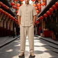thumbnail image 5 of Men's Cotton Linen Kung Fu Uniform 2 Piece Set Loose Fit Breathable Lightweight Tai Chi Clothing for Training and Practice Short Sleeved Shirt Tops and Pants Size 5XL Khaki, 5 of 9