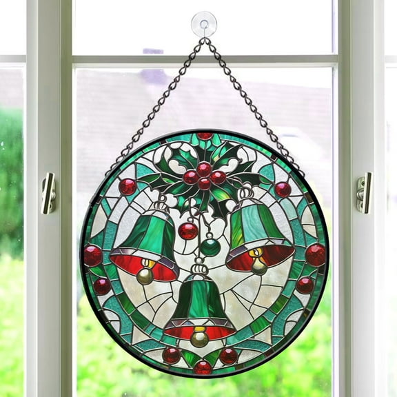 Pawberry Bell Window Hanging Stained Glass, Bell Suncatchers for Windows Stained Glass, Stained Glass Bell suncatcher
