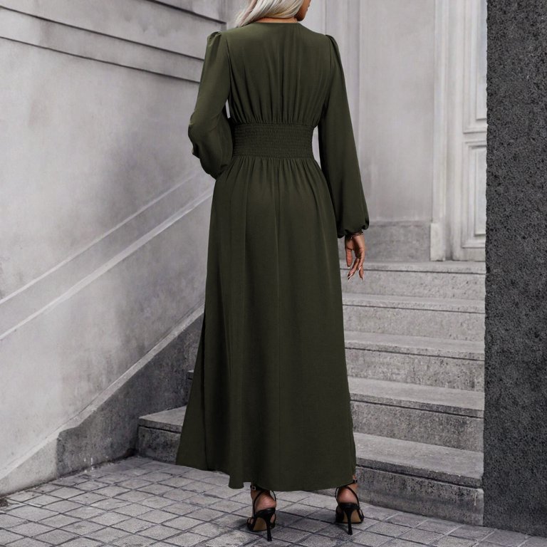 Tianiyouqing Long Sleeve Bridesmaid Dresses with Slit Long Pleated V Neck Formal Evening Gown for Women Army Green L Tianiyouqing Long Sleeve Bridesmaid Dresses with Slit Long Pleated V Neck Formal Evening Gown for Women Army Green L
