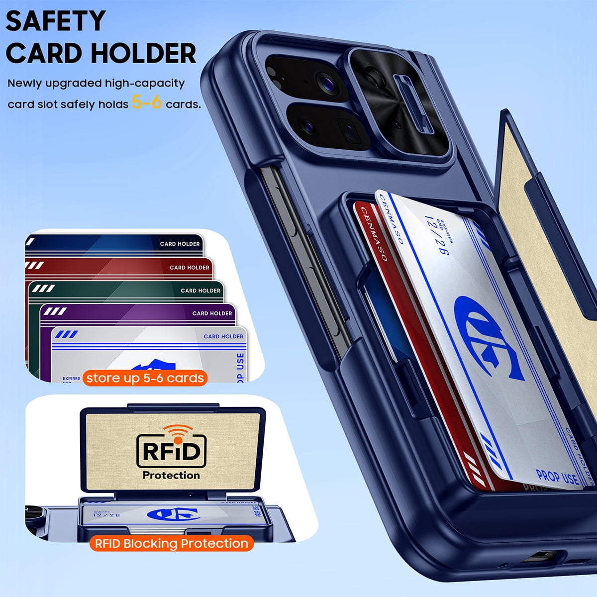 Vizvera for Google Pixel 10 Pro Fold With Card Holder[RFID Blocking]Camera Cover,Hinge Protection,Hidden Kickstand,Screen Protecto Phone Case-Blue