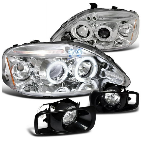 Spec-D Tuning Dual Halo Projector Headlights   Fog Lamps Chrome Clear Compatible with 1999-2000 Honda Civic Left   Right Pair Headlamps Assembly