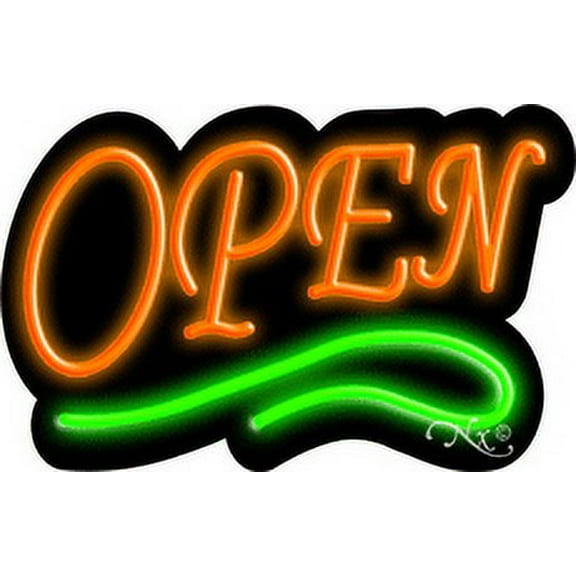 Deco Style Orange Open With Green Line LED Neon Sign 14" Tall x 22" Wide, Black Square Cut Acrylic Backing, with Dimmer - Bright and Premium built indoor LED Neon Sign for storefront.
