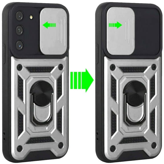 for Samsung Galaxy S21 FE /Fan Edition Hybrid Cases with Slide Camera Lens Cover and Ring Holder Kickstand Rugged Dual Layer Hard Cover ,Xpm Phone Case [Silver]