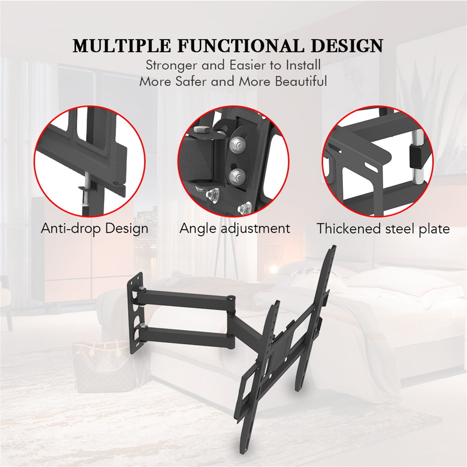 Single Arm TV Wall Mount for 32 to 65 Inch TVs Low Profile Small Base Full Motion Articulating Bracket Tilt Swivel Extend Max Load 77 lbs for Living Room Bedroom Gaming Setup Space Saving